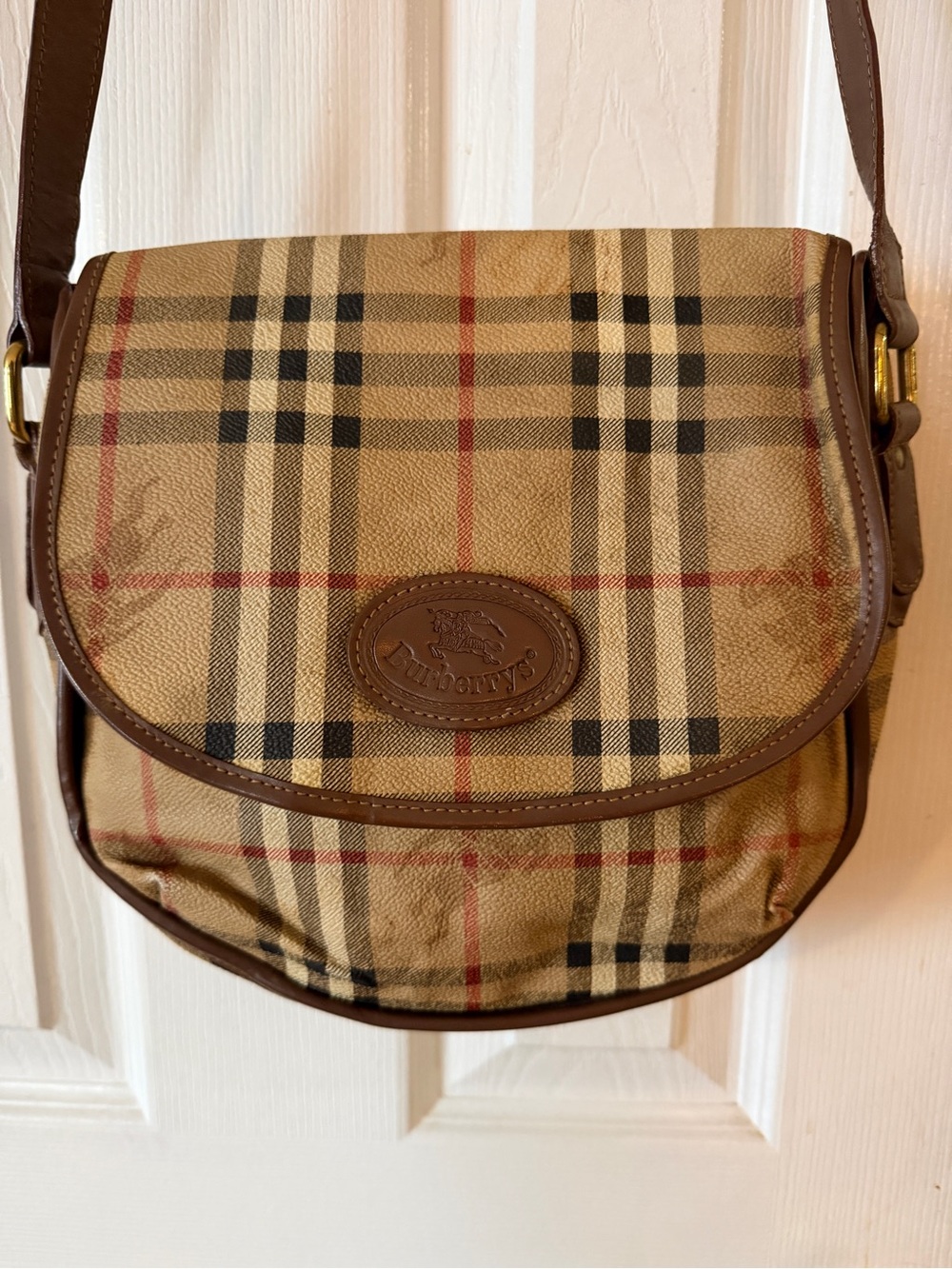 Vintage Burberry Nova Check Saddle Crossbody Bag Brown Leather Trim